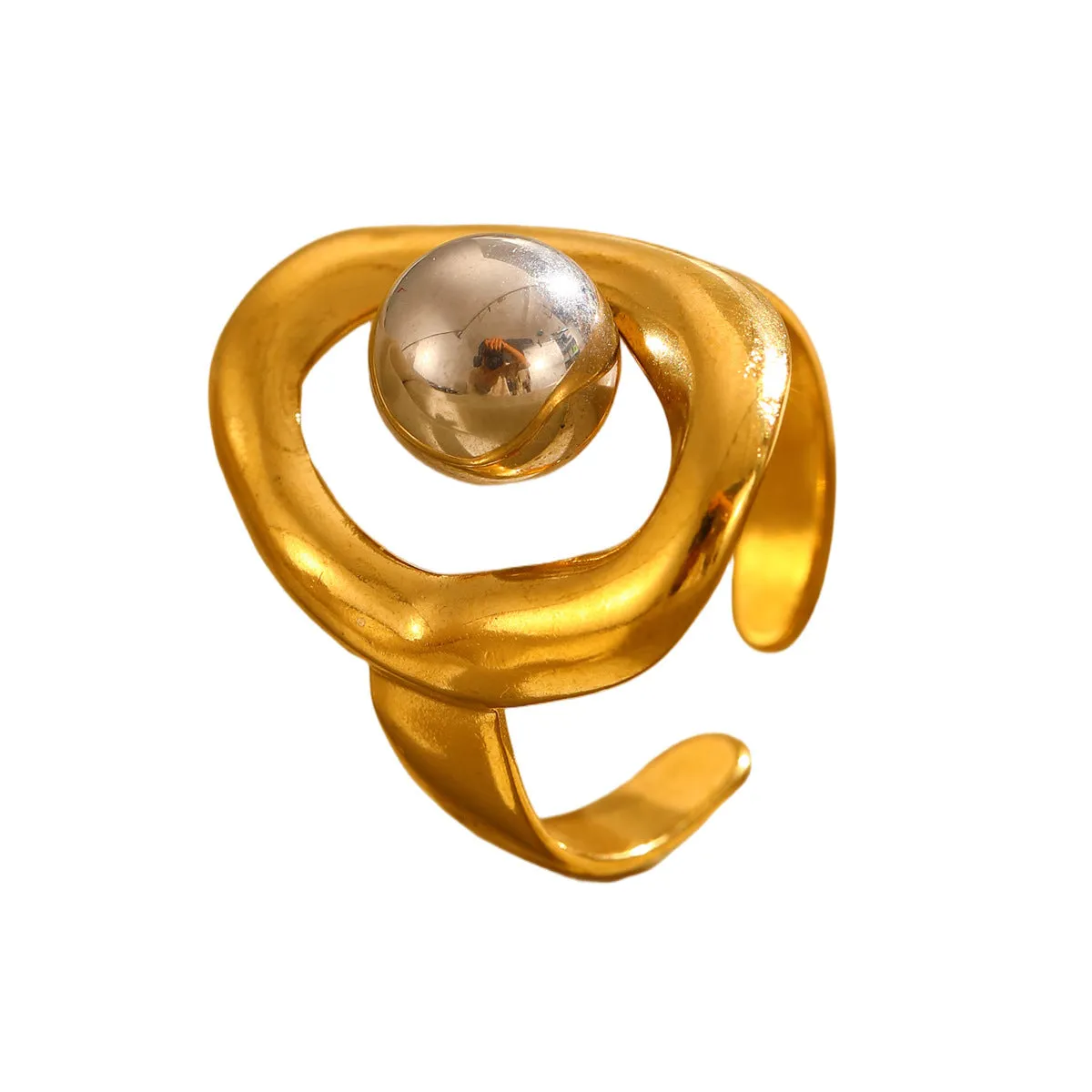 Geometric hollow line open ring in 304 stainless steel with 18K real gold finish, ellipse design