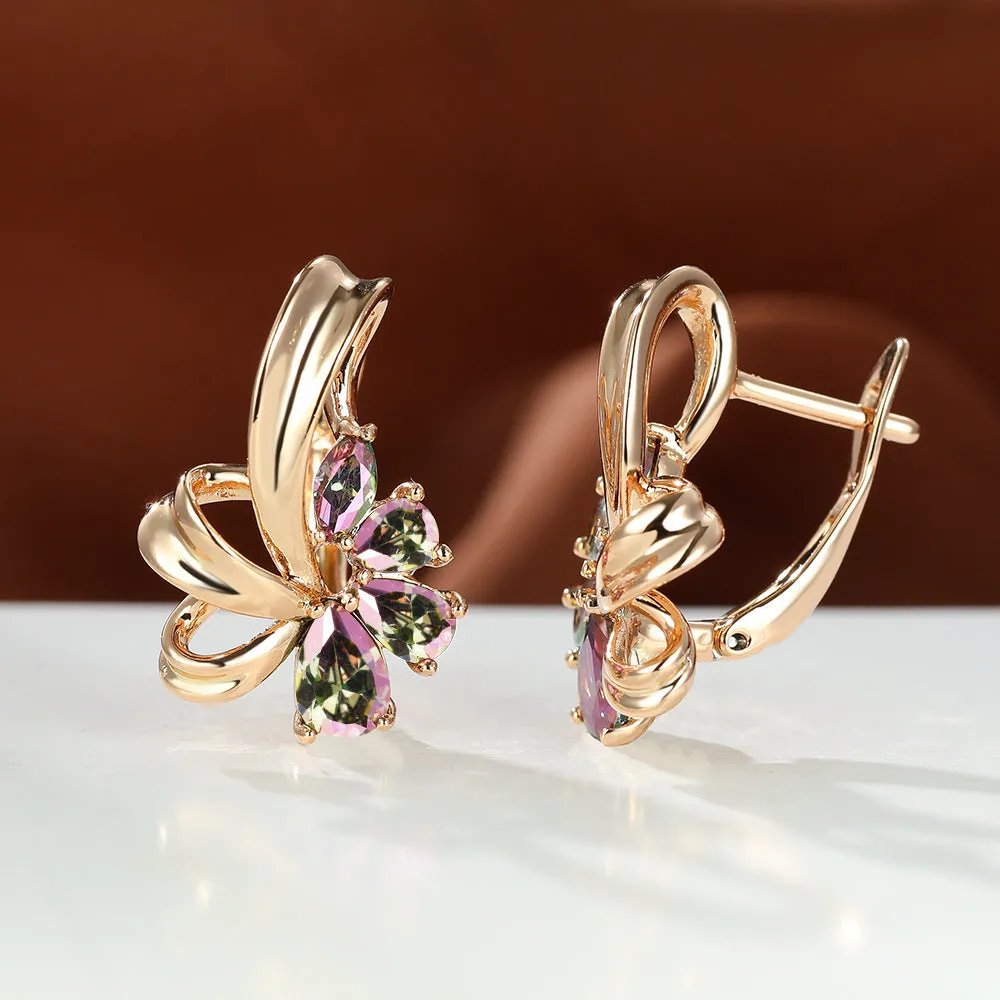 Champagne gold flower earrings with AB colourful crystal on copper, round shape studs for women