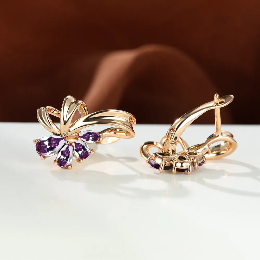 Champagne gold flower earrings with AB colourful crystal on copper, round shape studs for women