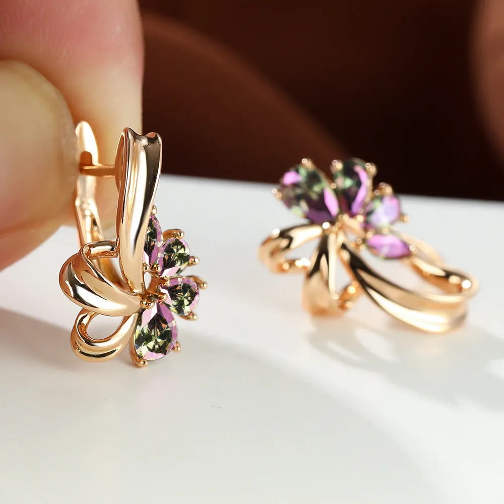 Champagne gold flower earrings with AB colourful crystal on copper, round shape studs for women