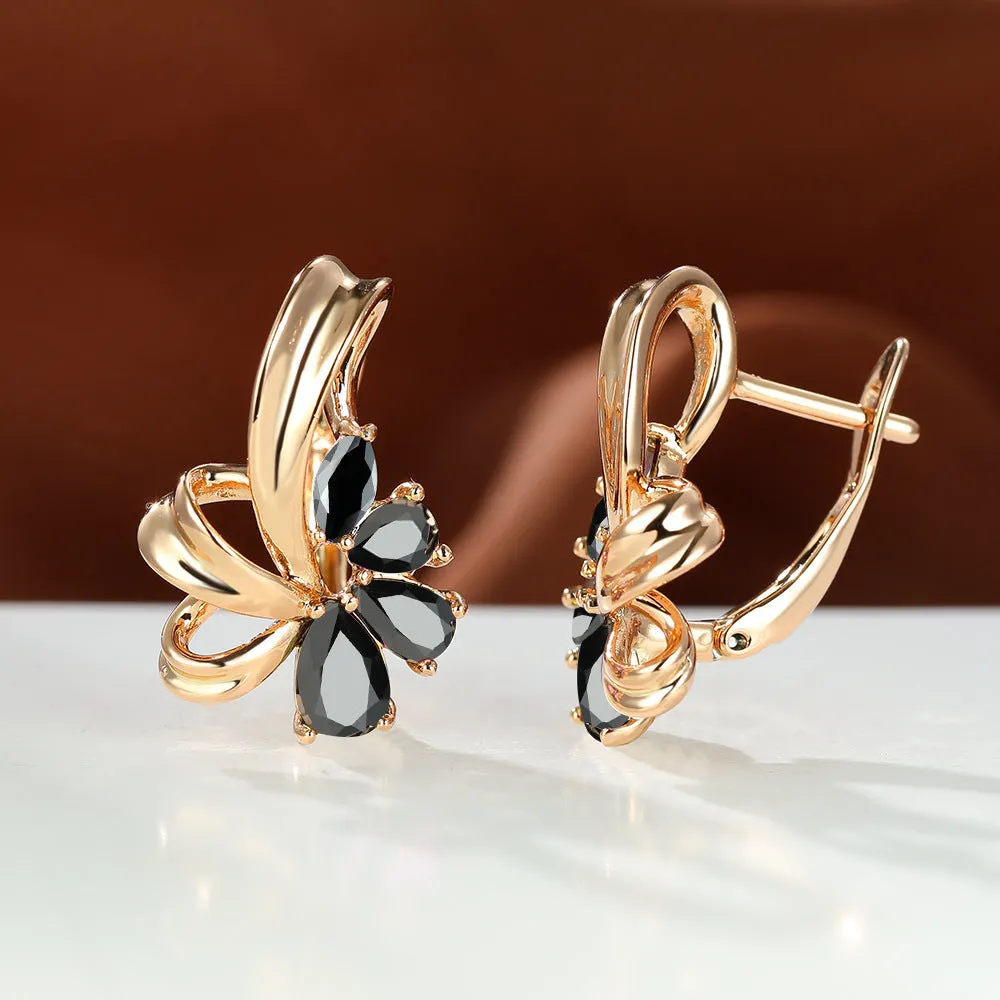 Champagne gold flower earrings with AB colourful crystal on copper, round shape studs for women