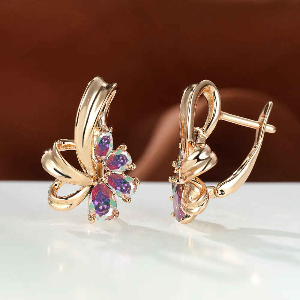 Champagne gold flower earrings with AB colourful crystal on copper, round shape studs for women