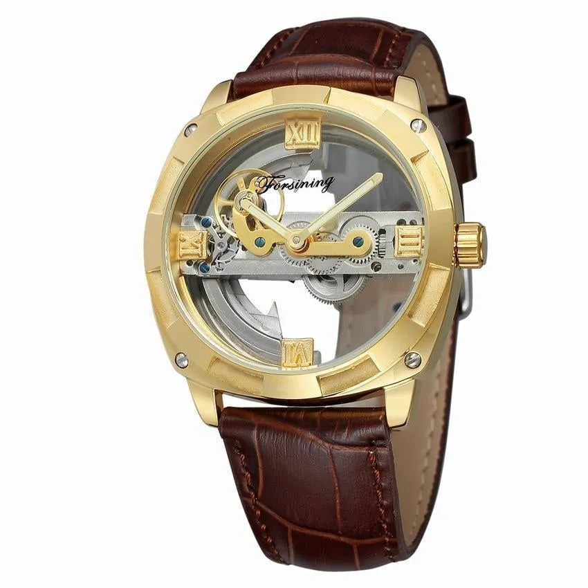 Men's automatic tourbillon watch with black belt and gold case on a light background