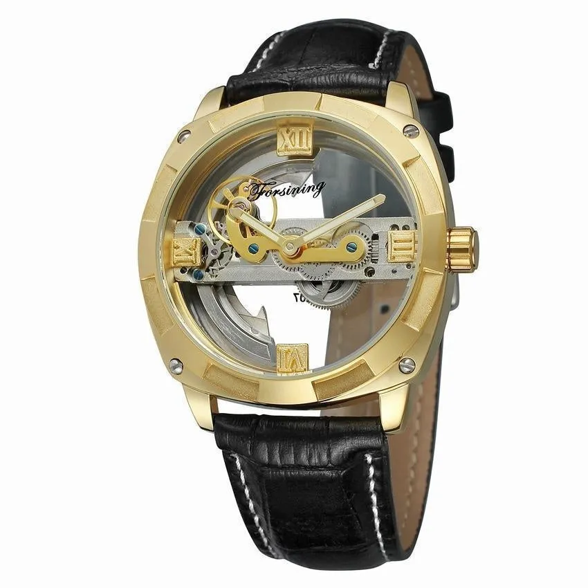 Men's automatic tourbillon watch with black belt and gold case on a light background