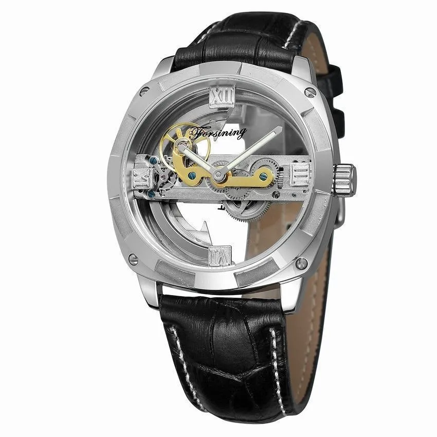 Men's automatic tourbillon watch with black belt and gold case on a light background