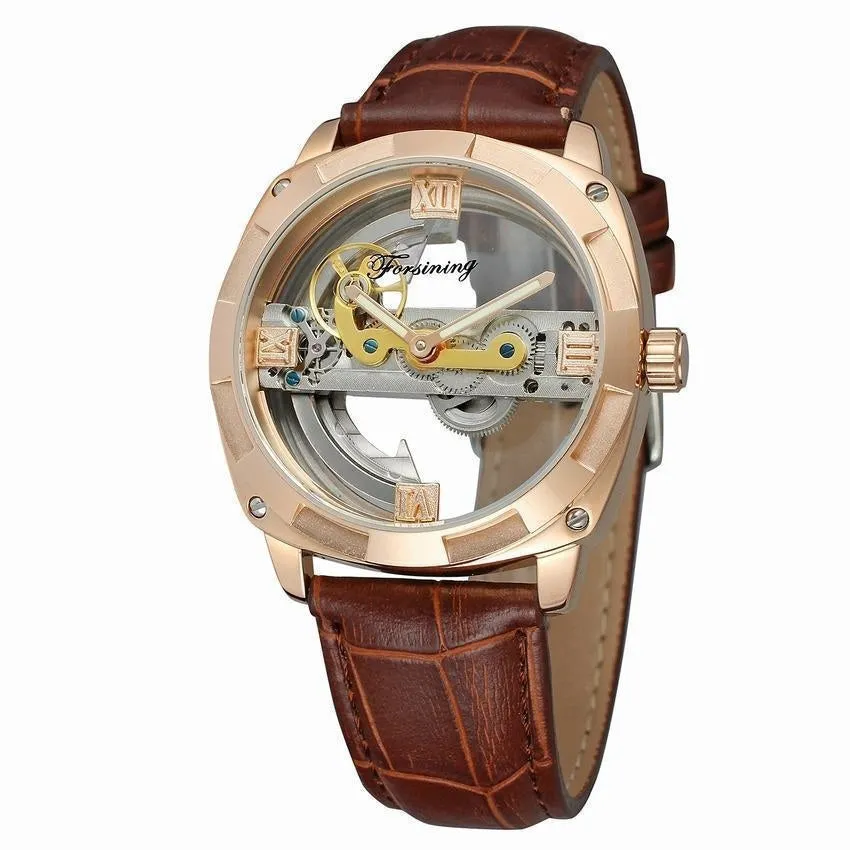 Men's automatic tourbillon watch with black belt and gold case on a light background