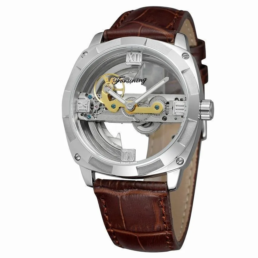 Men's automatic tourbillon watch with black belt and gold case on a light background