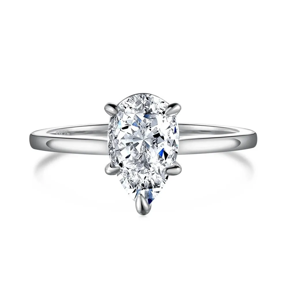 Sterling silver ring with pear-shaped high-grade zircon inlay, closed band, electroplated finish, multiple colours available