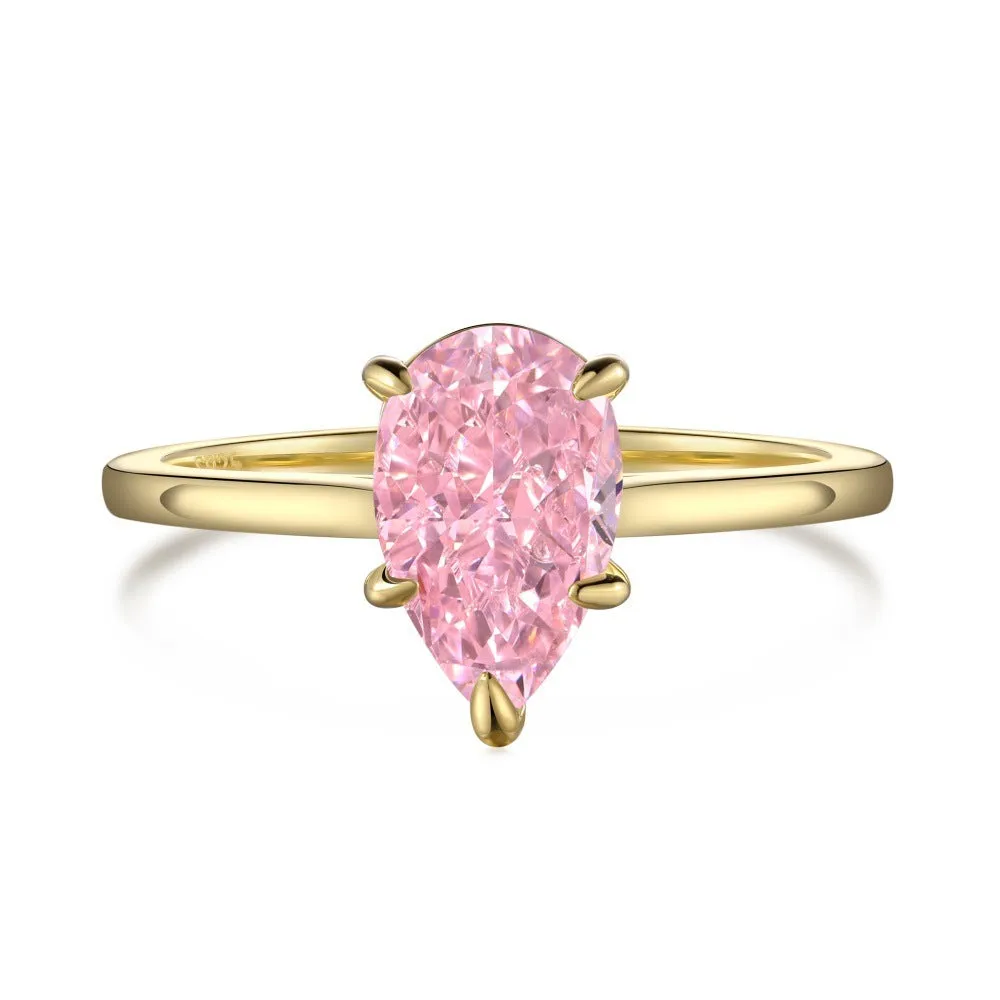 Sterling silver ring with pear-shaped high-grade zircon inlay, closed band, electroplated finish, multiple colours available