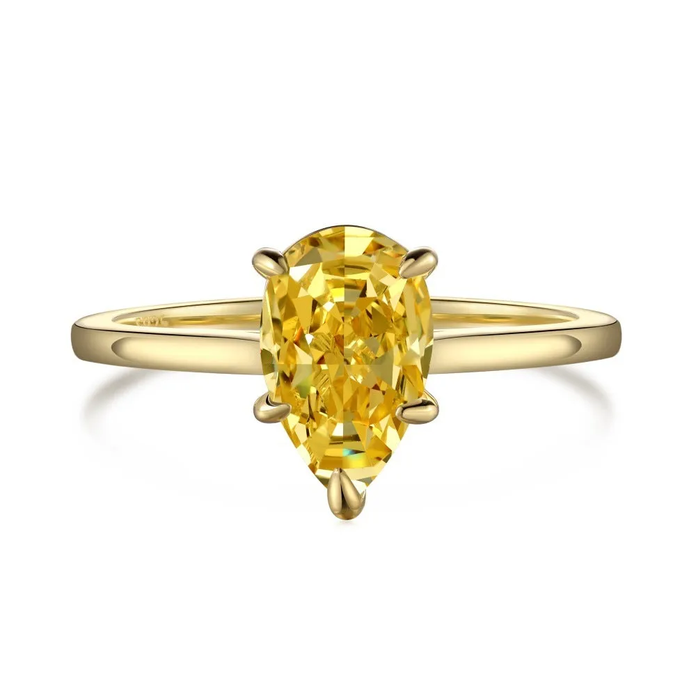Sterling silver ring with pear-shaped high-grade zircon inlay, closed band, electroplated finish, multiple colours available