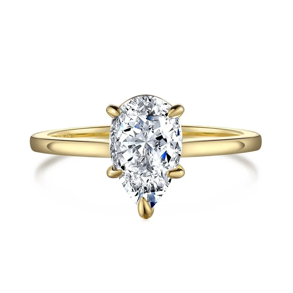 Sterling silver ring with pear-shaped high-grade zircon inlay, closed band, electroplated finish, multiple colours available
