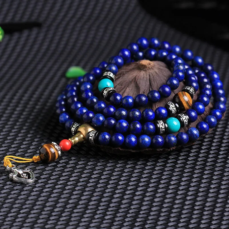Natural lapis lazuli stone 108 prayer bracelet with animal or zodiac motif beads