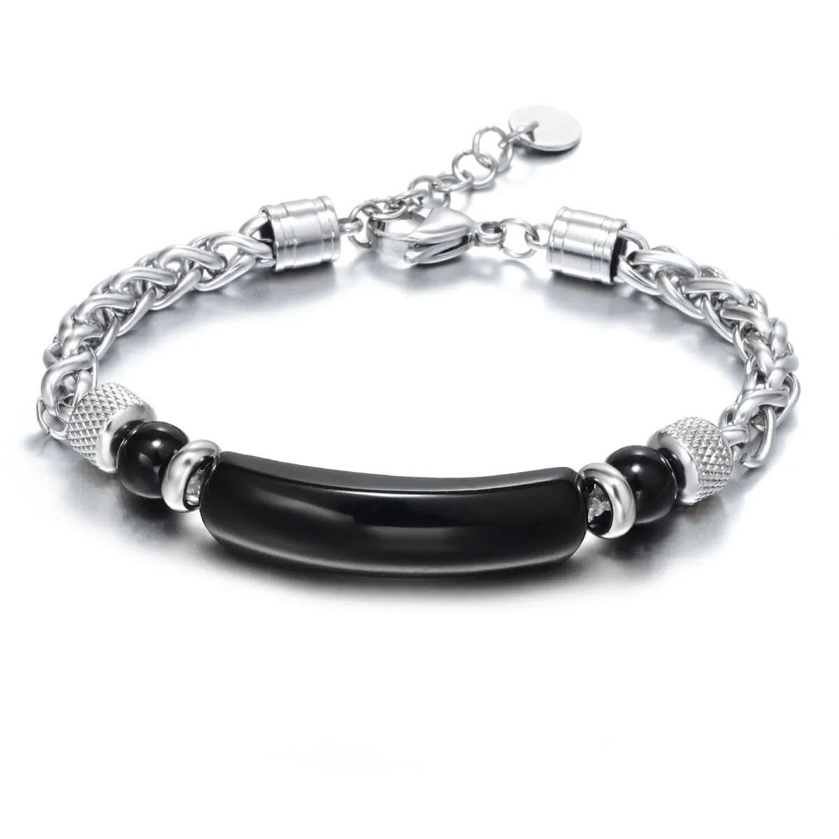Natural stone bracelet with tiger eye stone black matte beads and colourful natural stone on stainless steel chain 6cm diameter