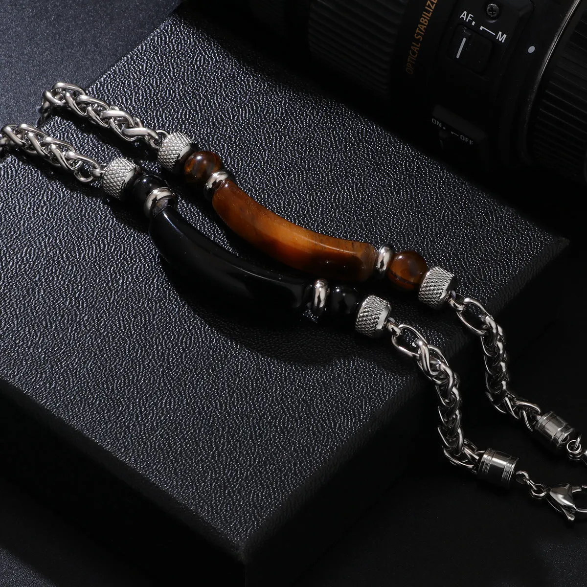 Natural stone bracelet with tiger eye stone black matte beads and colourful natural stone on stainless steel chain 6cm diameter