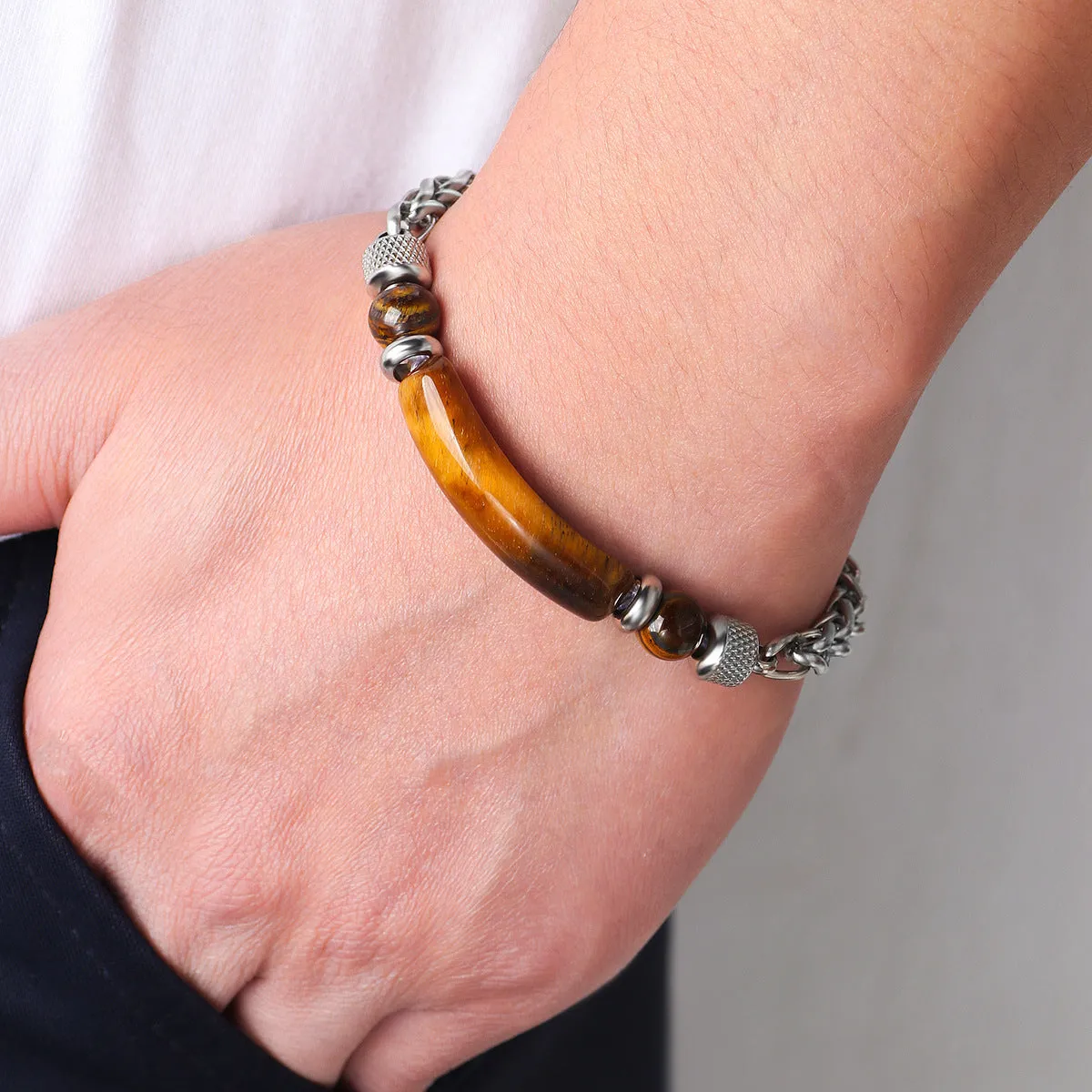 Natural stone bracelet with tiger eye stone black matte beads and colourful natural stone on stainless steel chain 6cm diameter