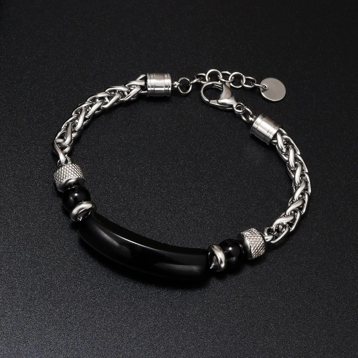 Natural stone bracelet with tiger eye stone black matte beads and colourful natural stone on stainless steel chain 6cm diameter