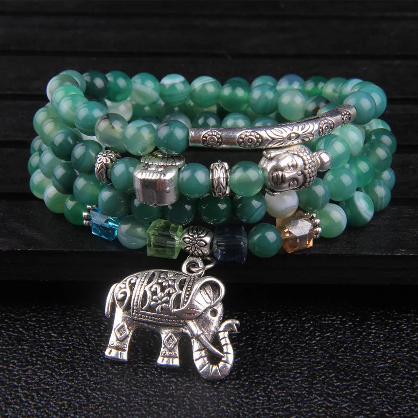Multi-layer agate bracelet with Elephant pattern on 6mm beads in blue, green, red, or purple