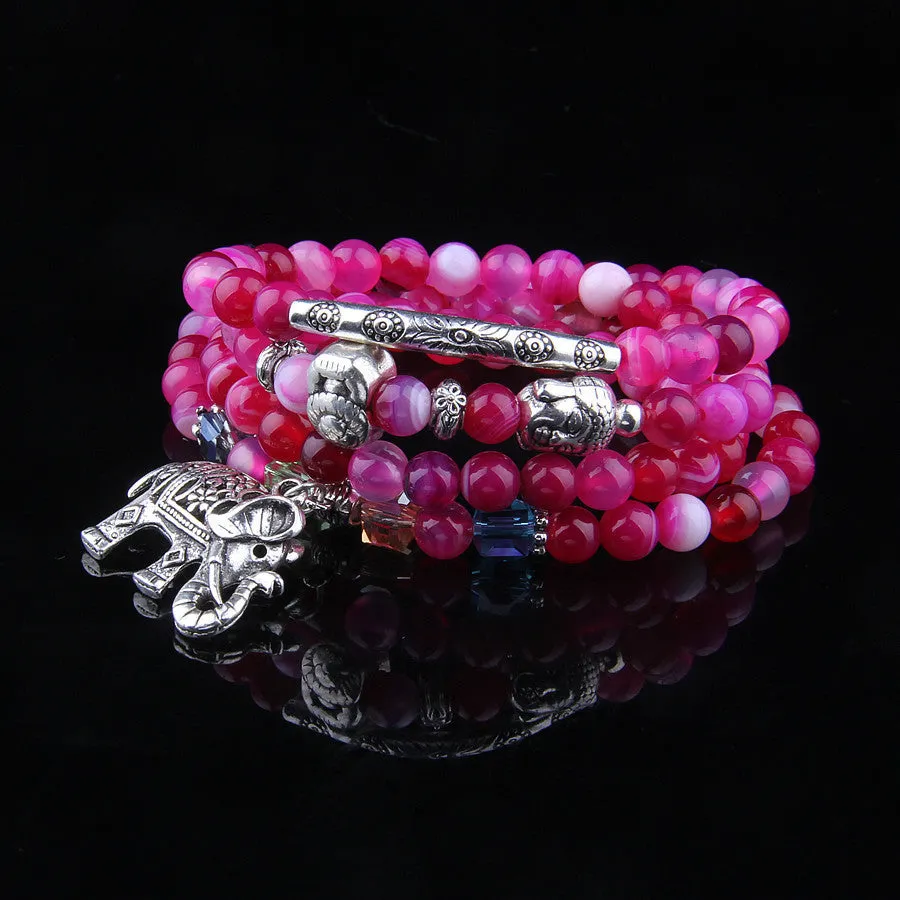 Multi-layer agate bracelet with Elephant pattern on 6mm beads in blue, green, red, or purple