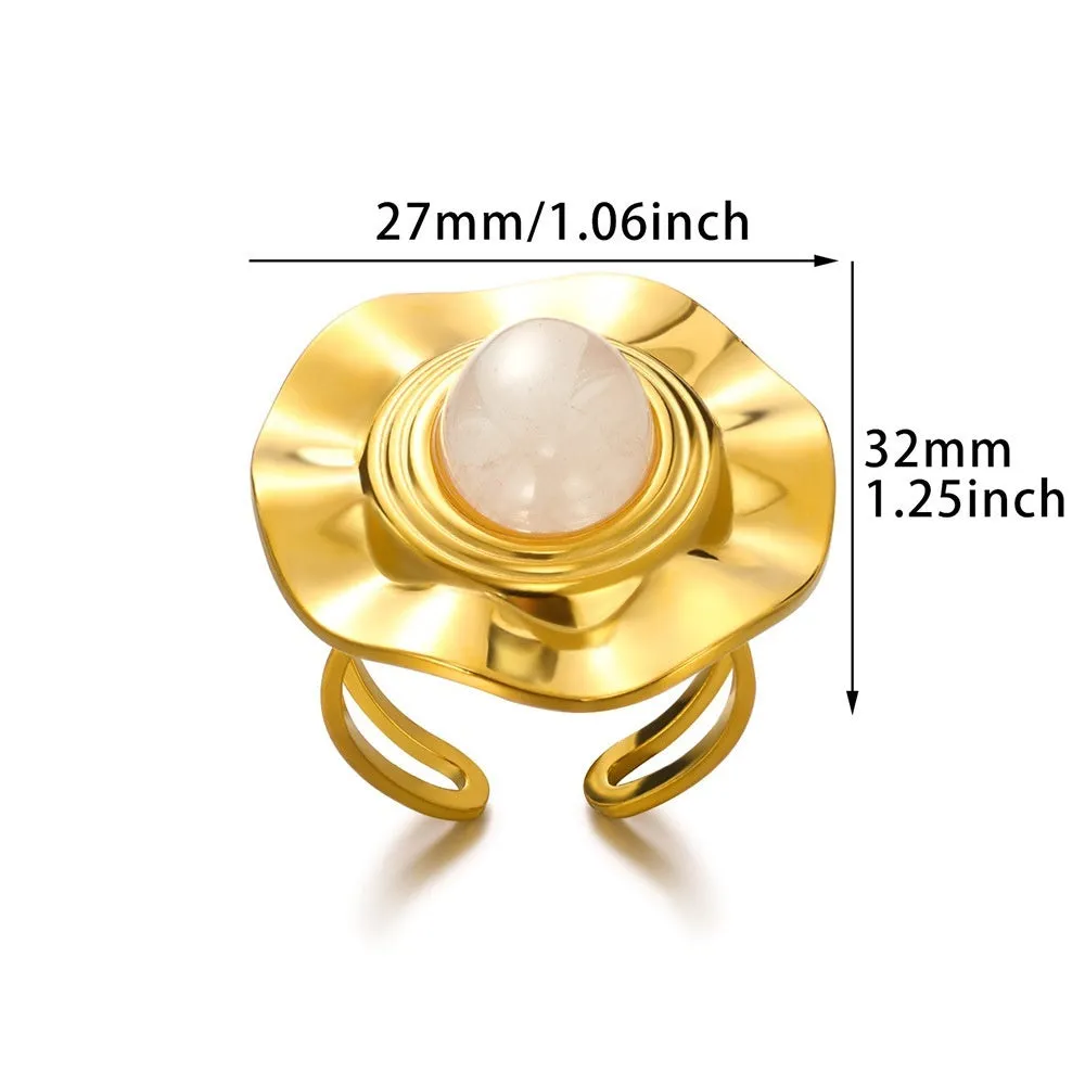 Retro stainless steel heart-shaped pendant ring with open band and asymmetric wave design