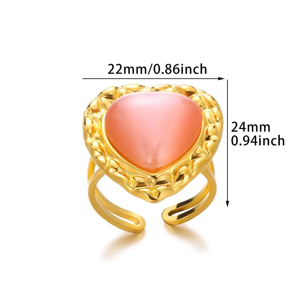 Retro stainless steel heart-shaped pendant ring with open band and asymmetric wave design
