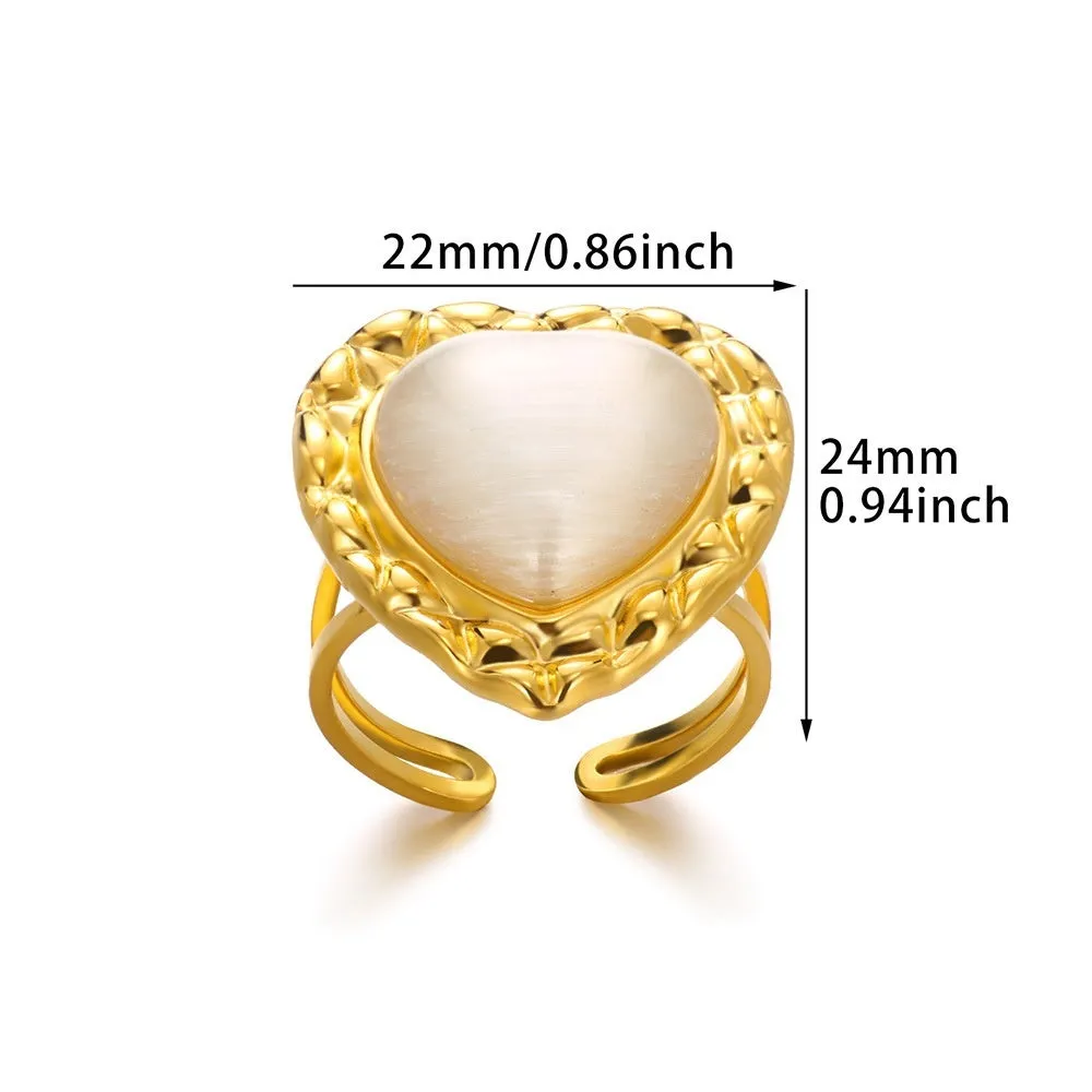 Retro stainless steel heart-shaped pendant ring with open band and asymmetric wave design