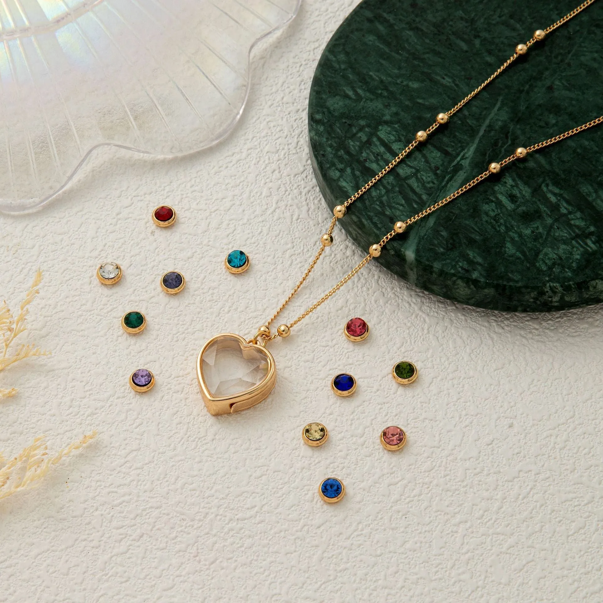 Heart-shaped copper glass box pendant necklace with O-ring chain and monthly birthstone colour insert