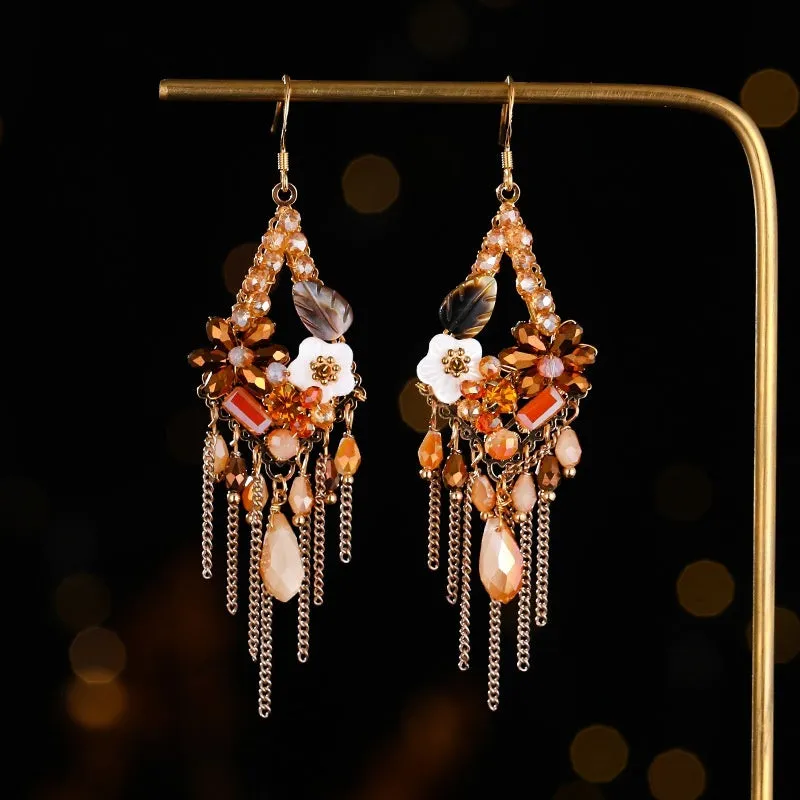 Women's hand-woven Bohemian earrings with artificial crystal and alloy in red and black, champagne, and amethyst colours