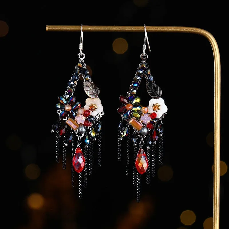 Women's hand-woven Bohemian earrings with artificial crystal and alloy in red and black, champagne, and amethyst colours