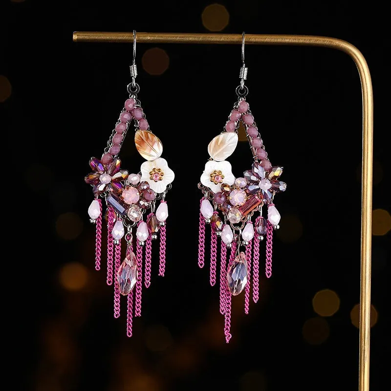Women's hand-woven Bohemian earrings with artificial crystal and alloy in red and black, champagne, and amethyst colours
