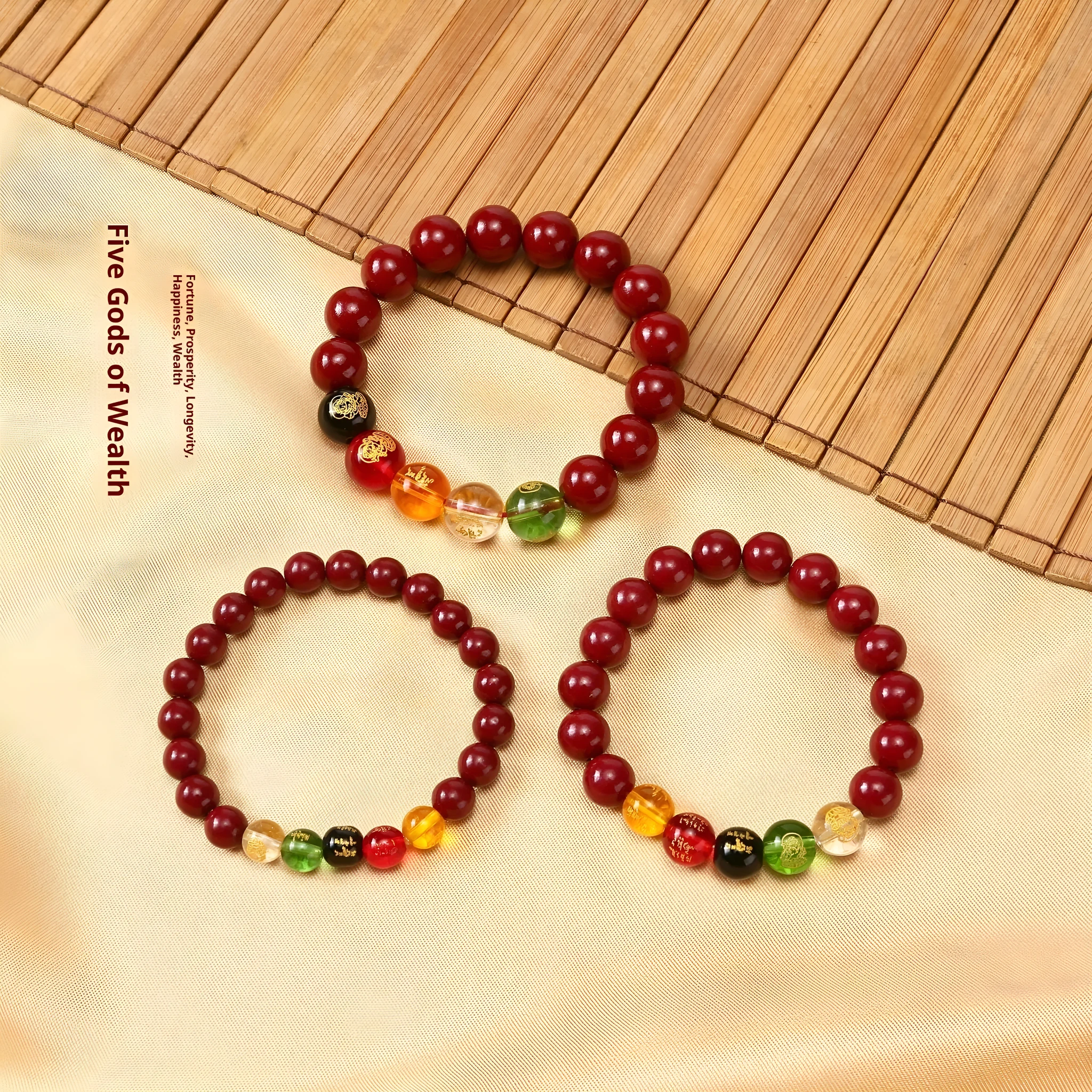 Five Gods of Wealth cinnabar resin bracelet unisex geometry beads 8mm 10mm 12mm 14mm size options