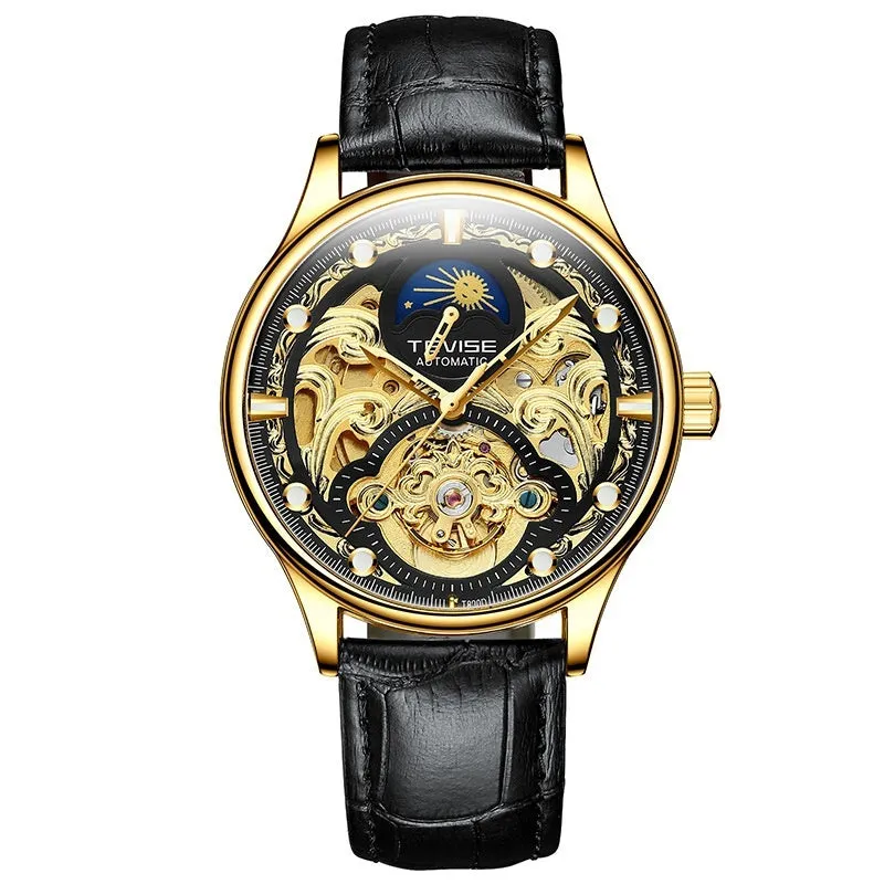 Men's gold leather strap waterproof automatic mechanical watch with analogue display.