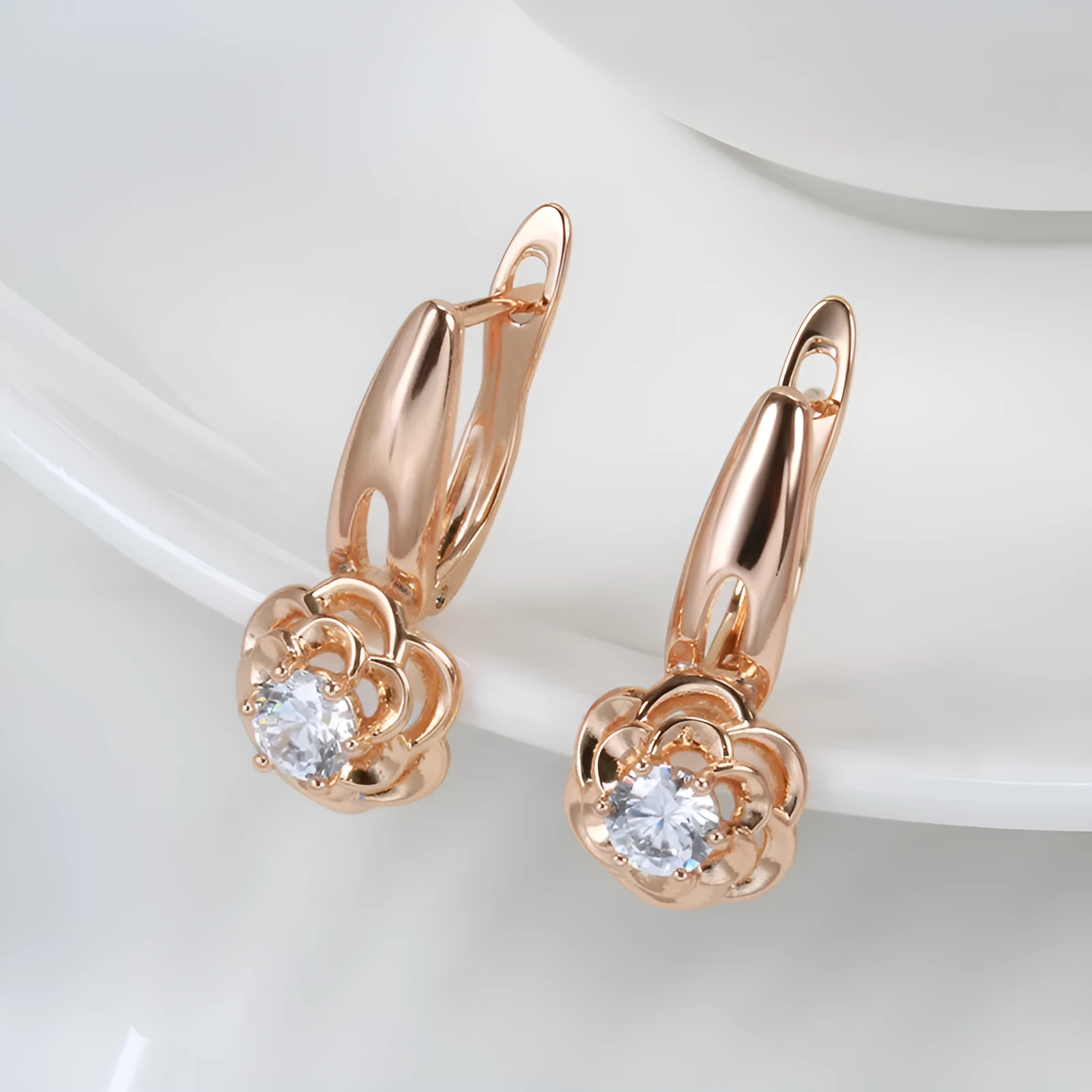 Pair of 585 rose gold flower-shaped stud earrings on copper base, H0513 colour, women's style