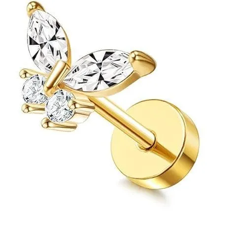 Titanium steel mini ear bone stud with electroplated gold finish and zircon crystal accent in geometric shape