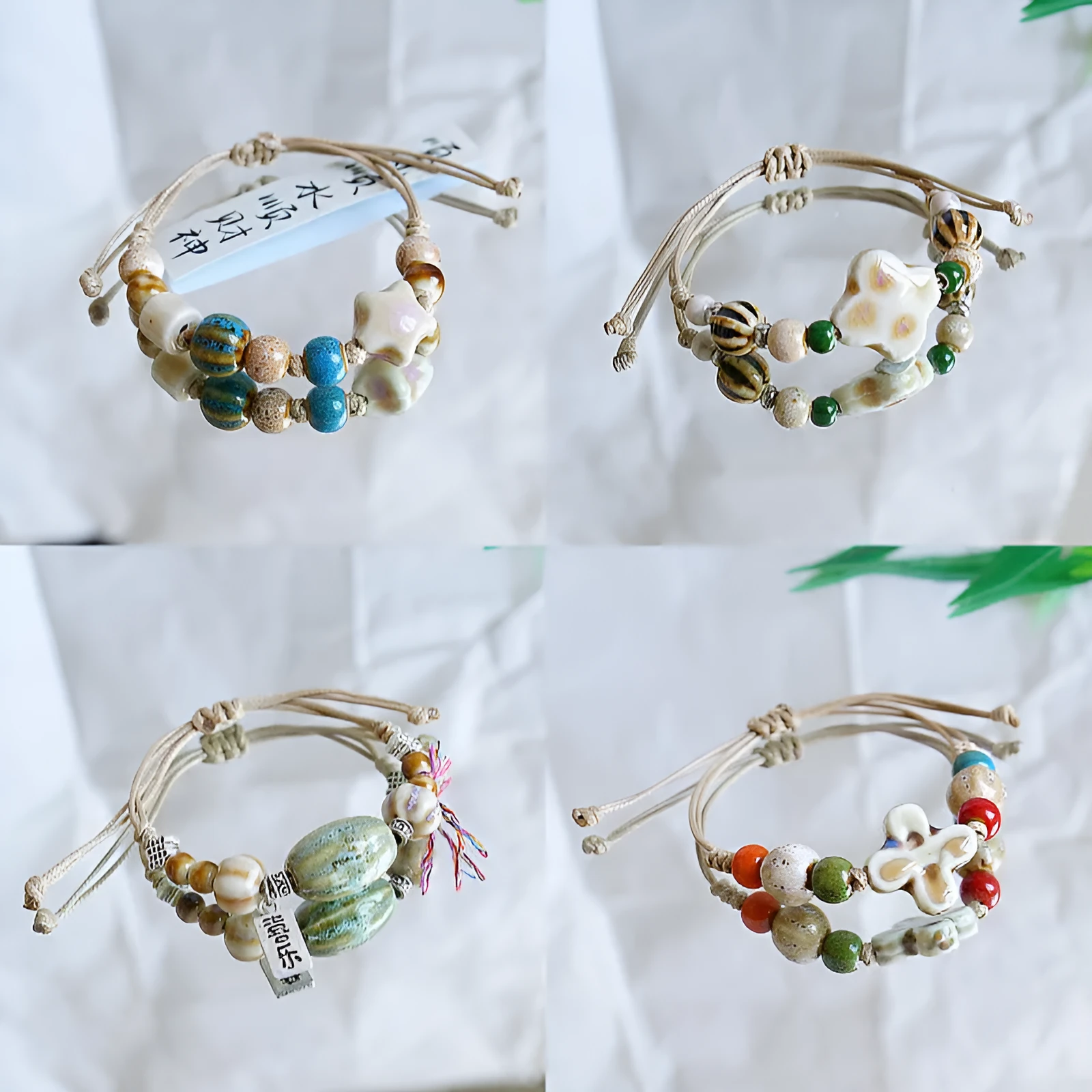 Women's ceramic braided bracelet with hand-woven cord and ceramic beads in traditional Chinese pattern