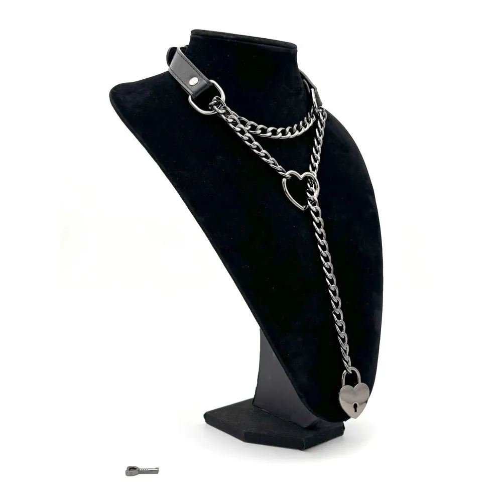 Leather traction collar in black with silver accents, necklace-style design for men and women