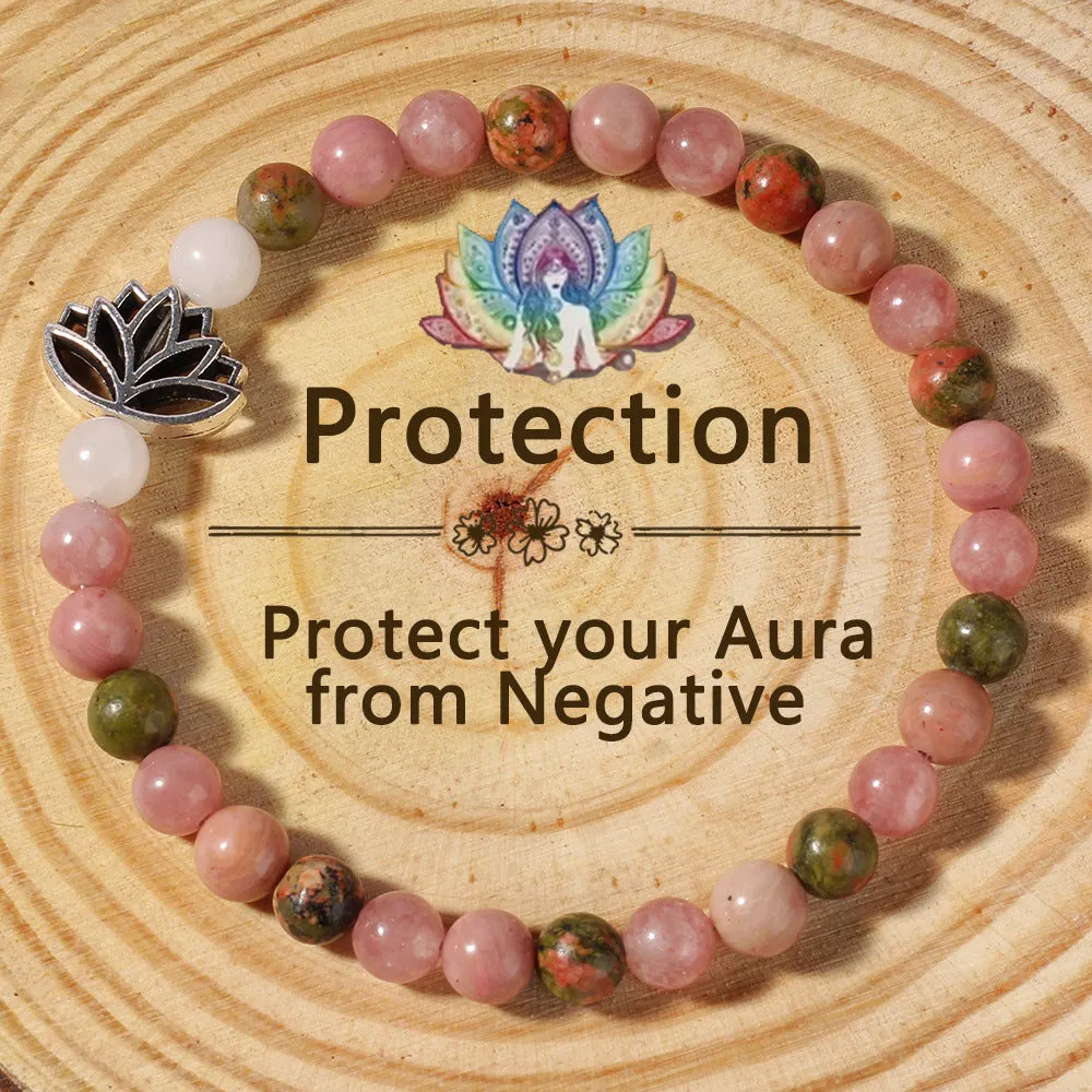 Handmade natural rhodonite stone bead seven-pulse lotus bracelet in French retro bohemian style, colour L1381
