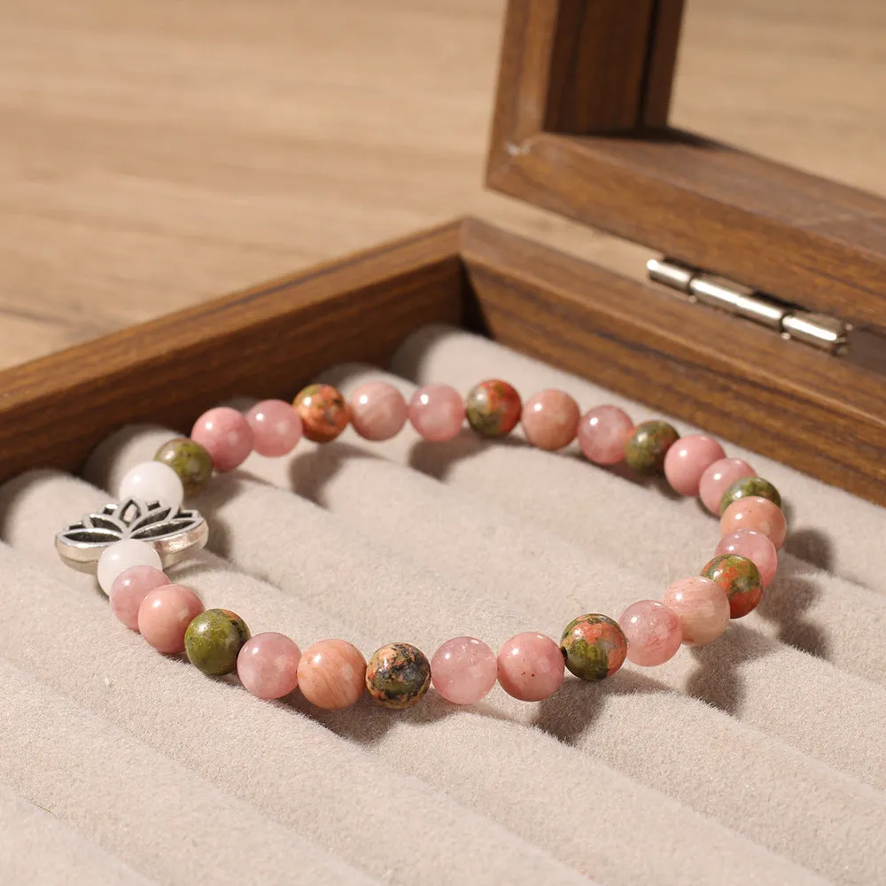 Handmade natural rhodonite stone bead seven-pulse lotus bracelet in French retro bohemian style, colour L1381