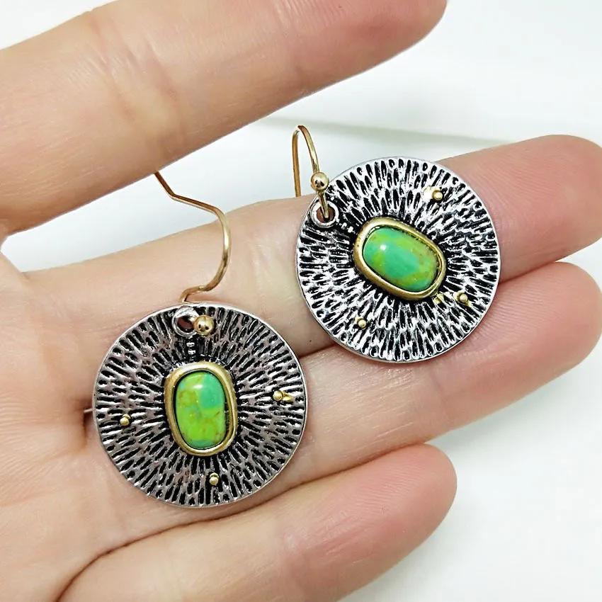 Retro earrings with turquoise colour separation and antique silver electroplated finish