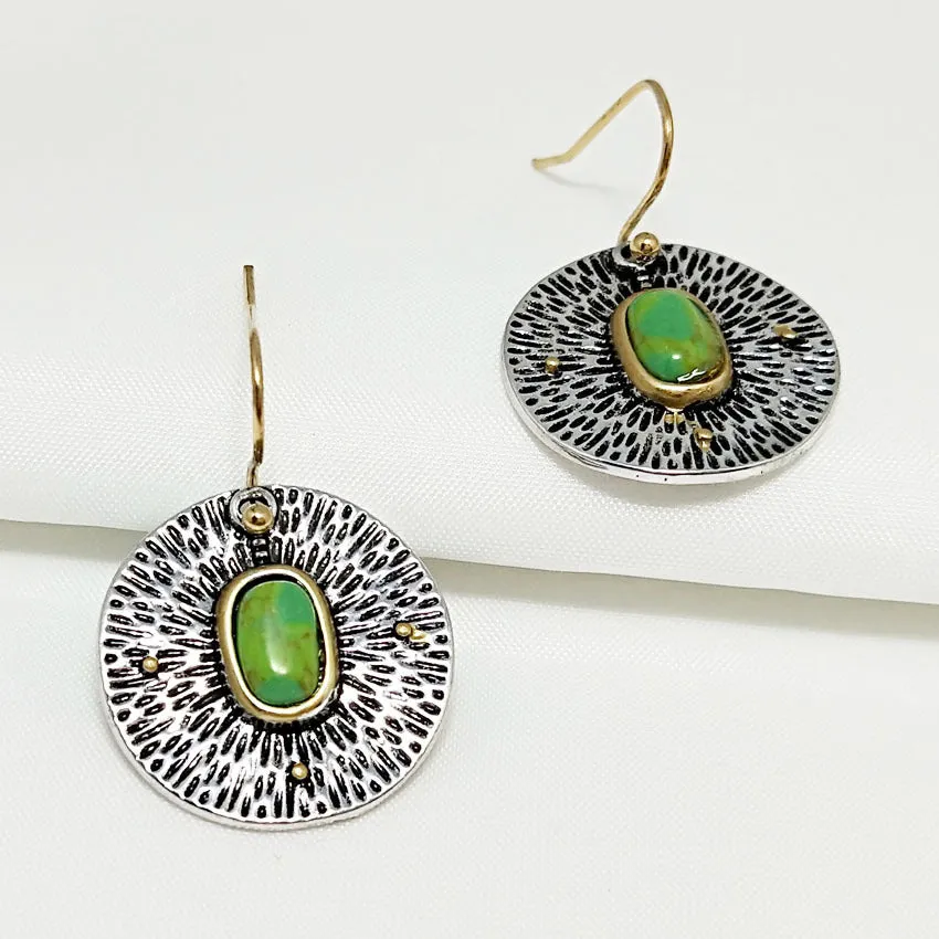 Retro earrings with turquoise colour separation and antique silver electroplated finish