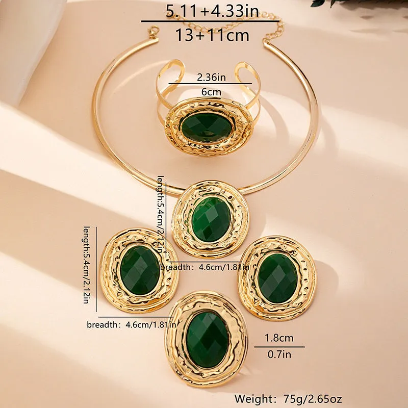 Fashion metal geometry round piece jewellery set with alloy necklace, earrings, ring, and bracelet in T651 suit colour for women