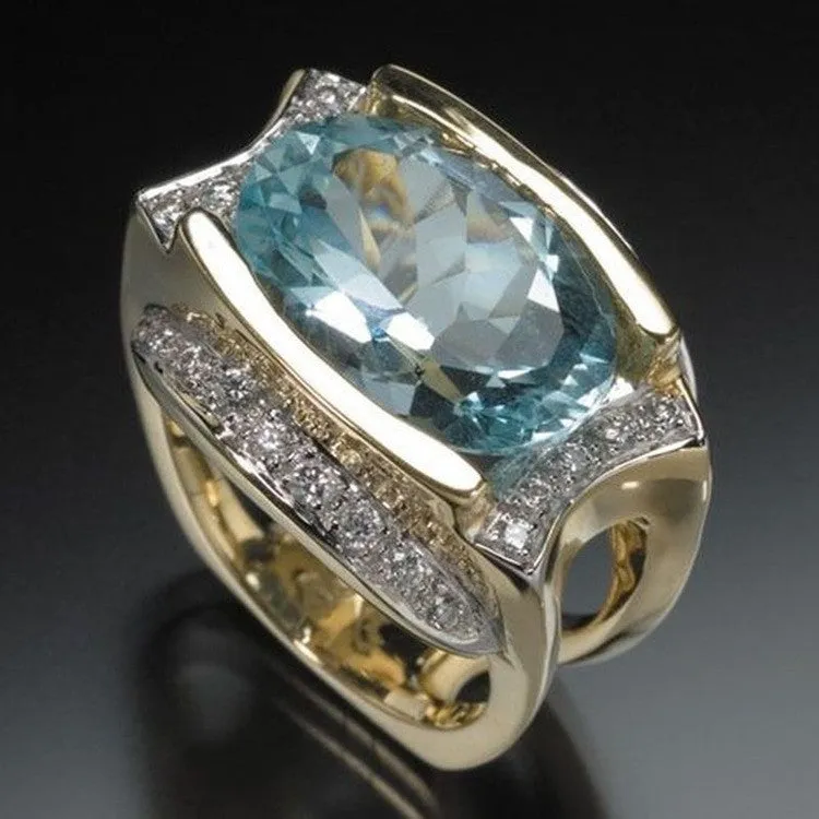 Light blue oval zircon with diamond ring on simple alloy band, constellation design, unisex style
