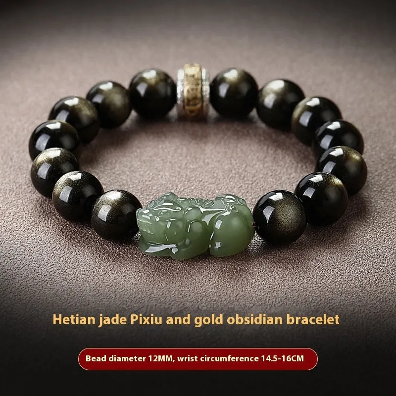 Natural Rainbow Eye Obsidian bracelet with crystal and stone beads in gold or jade colours.