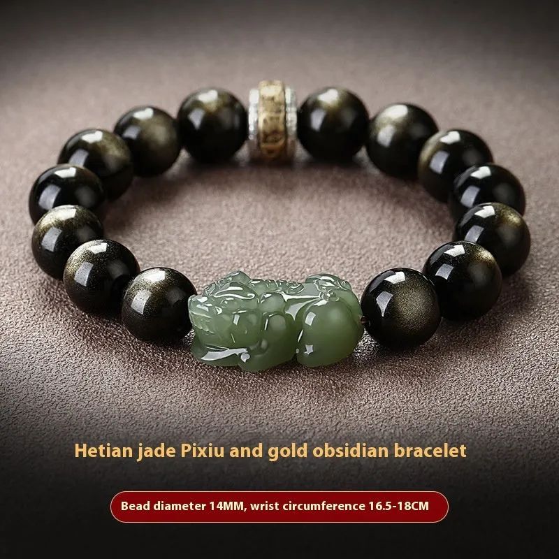 Natural Rainbow Eye Obsidian bracelet with crystal and stone beads in gold or jade colours.