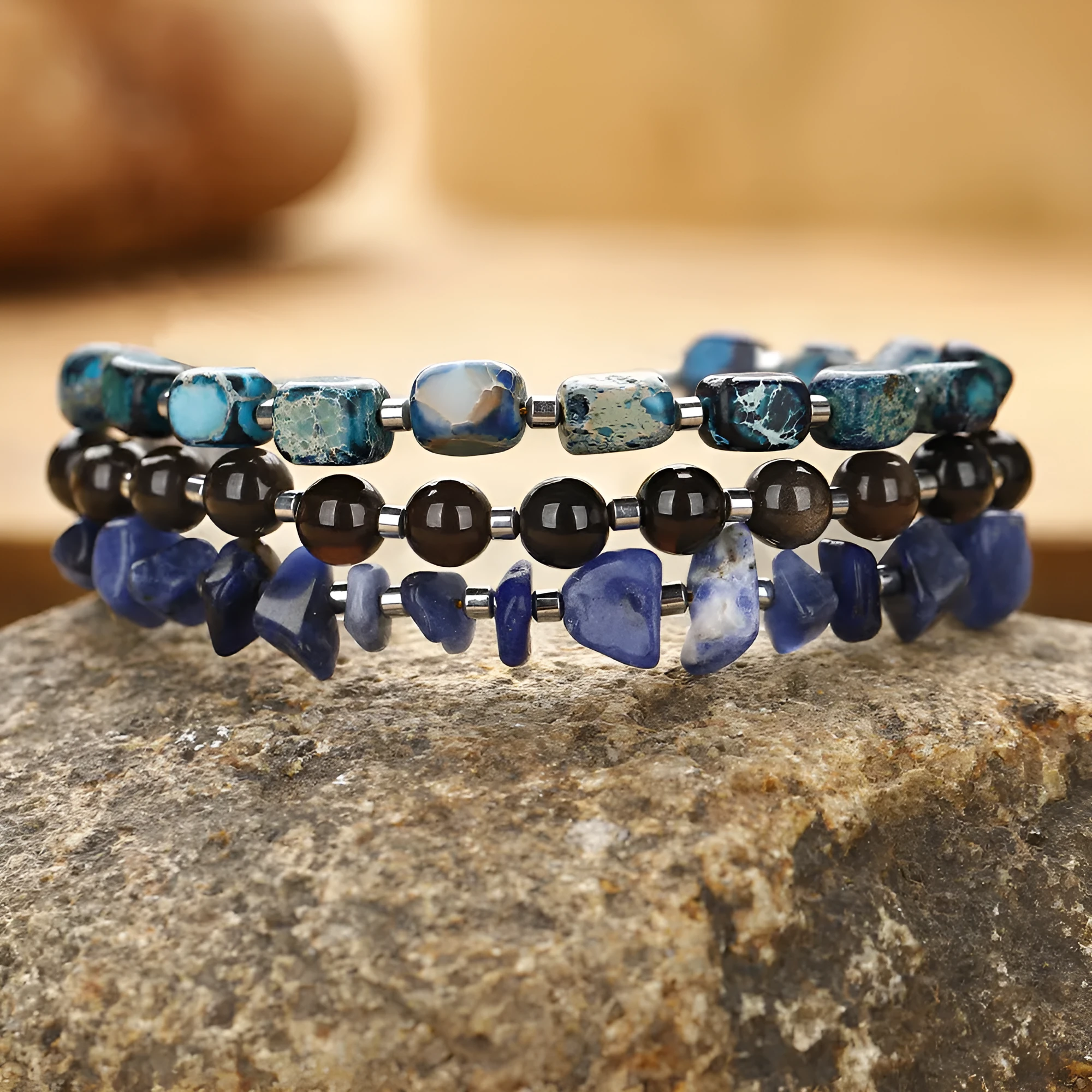Blue hand-woven bracelet made from crushed Fang Hui stone and gold obsidian with geometric shapes