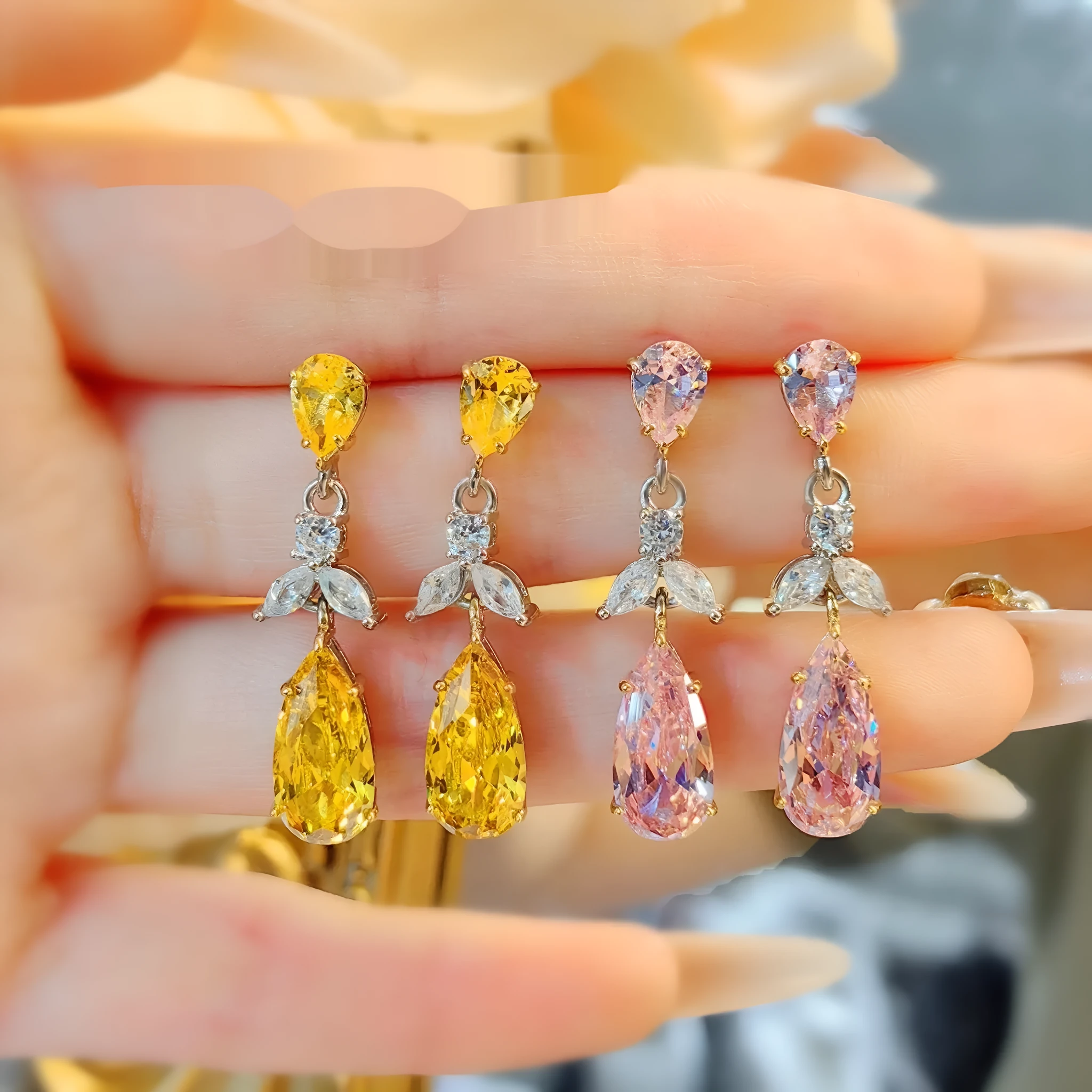 Women's retro floral high-carbon diamond crystal earrings in pink, copper base with flower petal leaf design