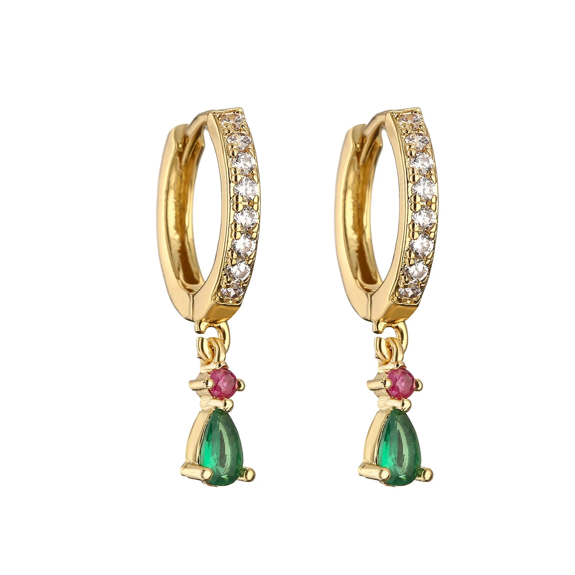 Women's geometric copper earrings with micro-inlaid colourful crystals in water drop shape, gold-plated finish