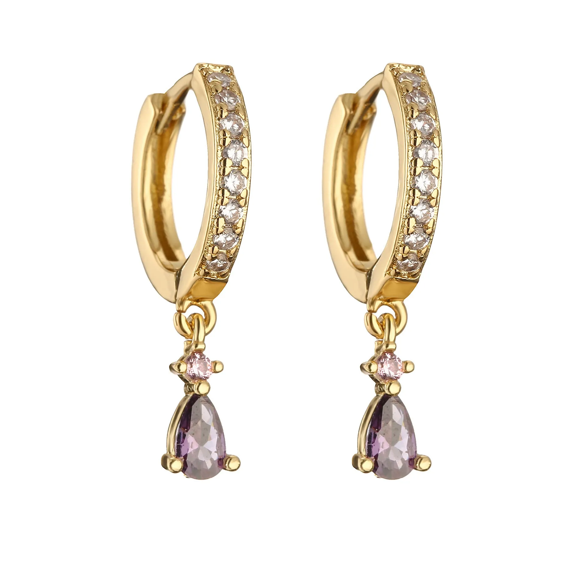 Women's geometric copper earrings with micro-inlaid colourful crystals in water drop shape, gold-plated finish