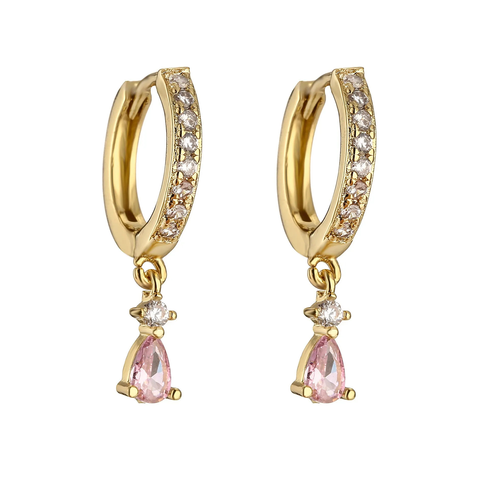 Women's geometric copper earrings with micro-inlaid colourful crystals in water drop shape, gold-plated finish