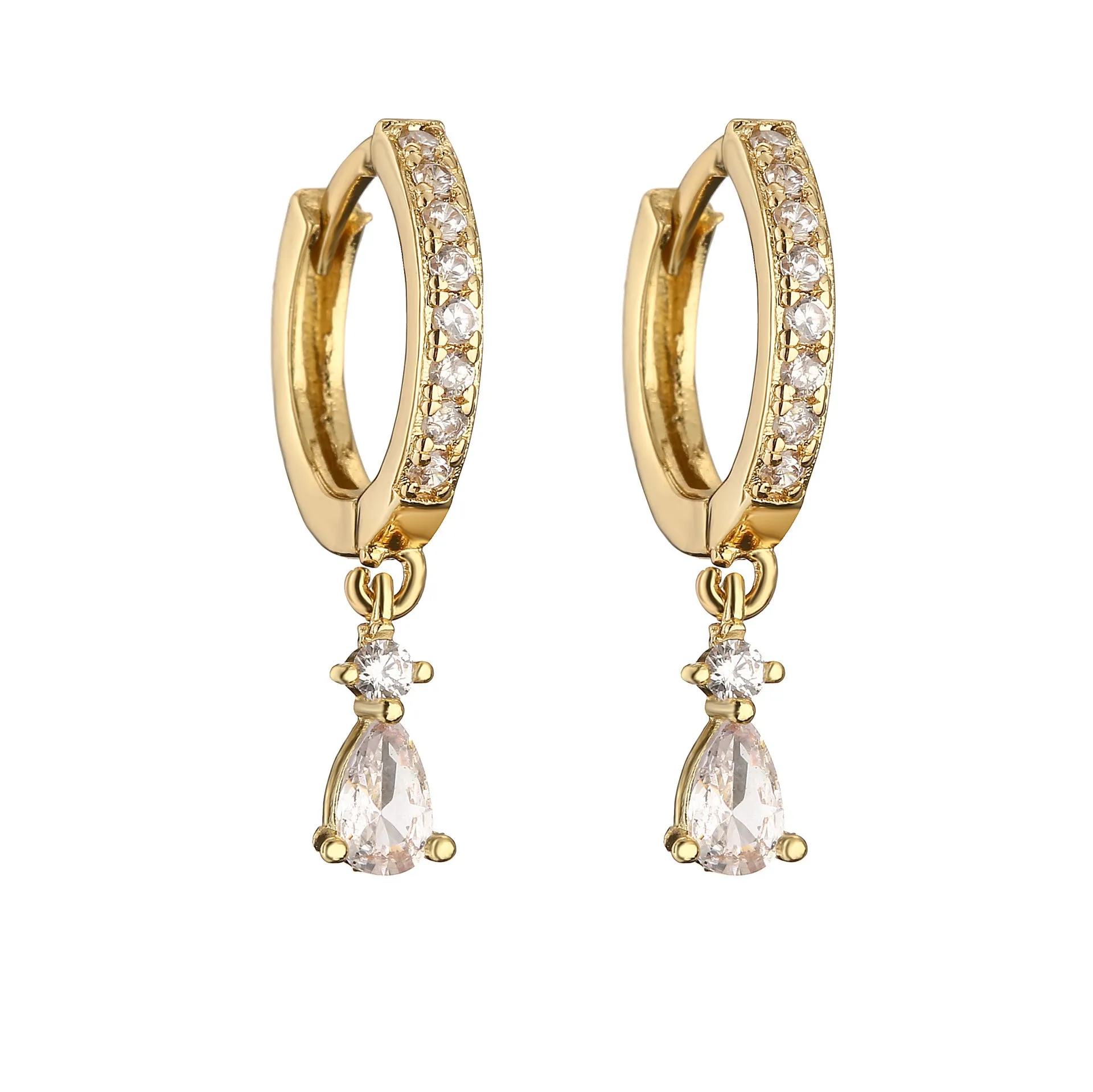 Women's geometric copper earrings with micro-inlaid colourful crystals in water drop shape, gold-plated finish