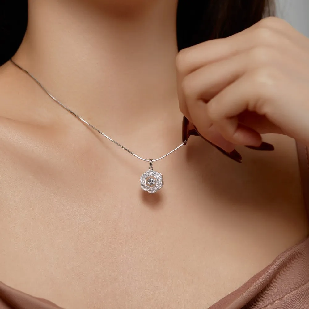 925 silver flower geometric pendant necklace with platinum electroplated finish for women